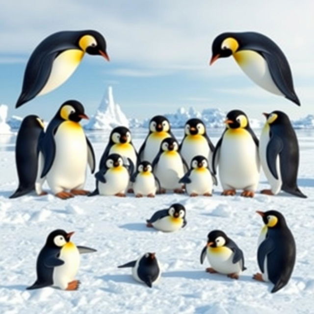 A creatively designed swastika formed by a group of playful, adorable penguins