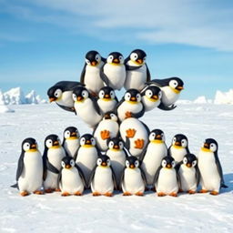 A creatively designed swastika formed by a group of playful, adorable penguins