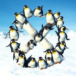 A creatively designed swastika formed by a group of playful, adorable penguins