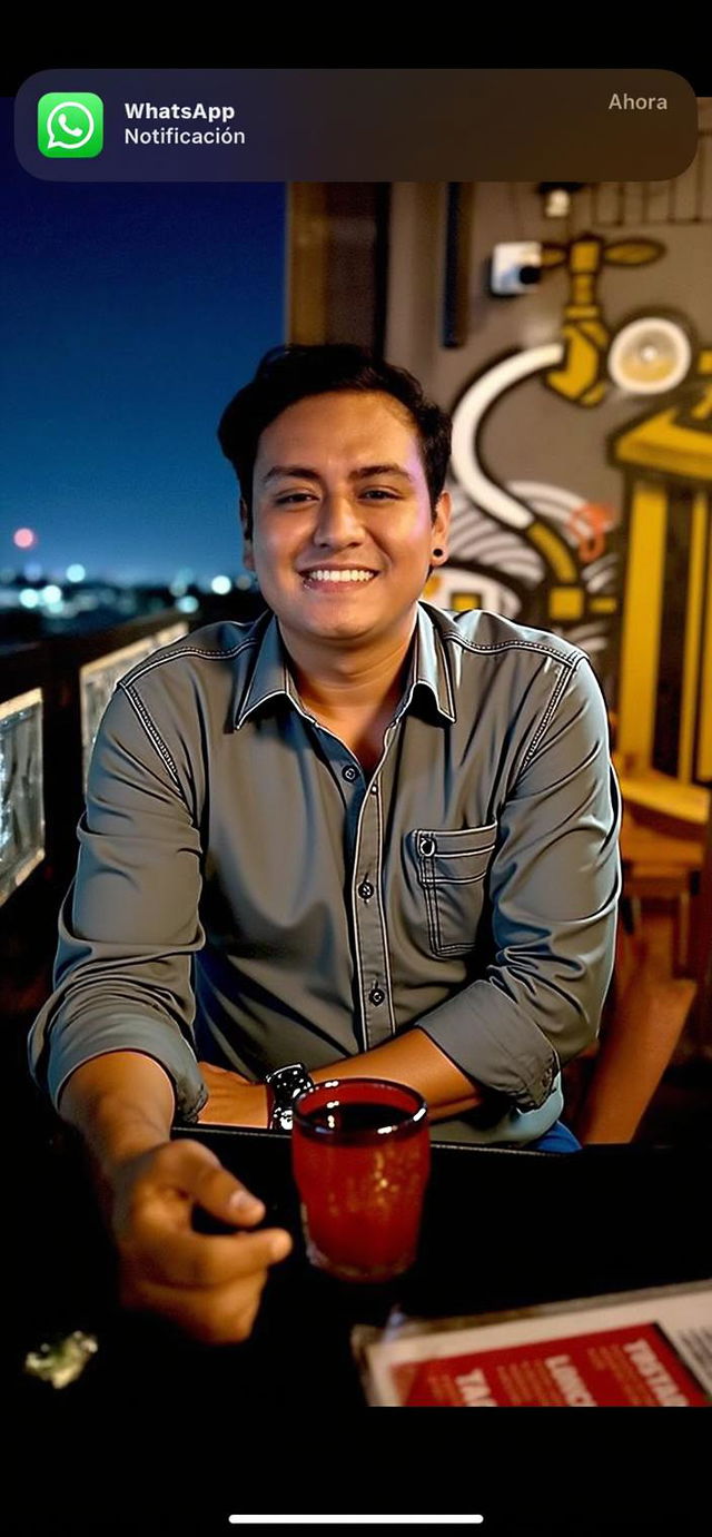 A cheerful young adult sitting at a bar or restaurant table with a vibrant city night backdrop