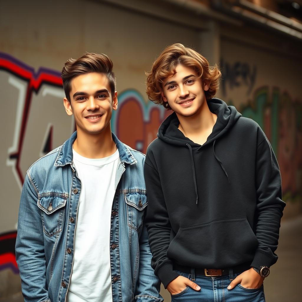 Two young men standing side by side, both looking directly at the camera with confident smiles