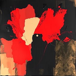 An artwork created with dark, rich black acrylic colors as the primary foundation, featuring overlapping layers of beige and vibrant red hues