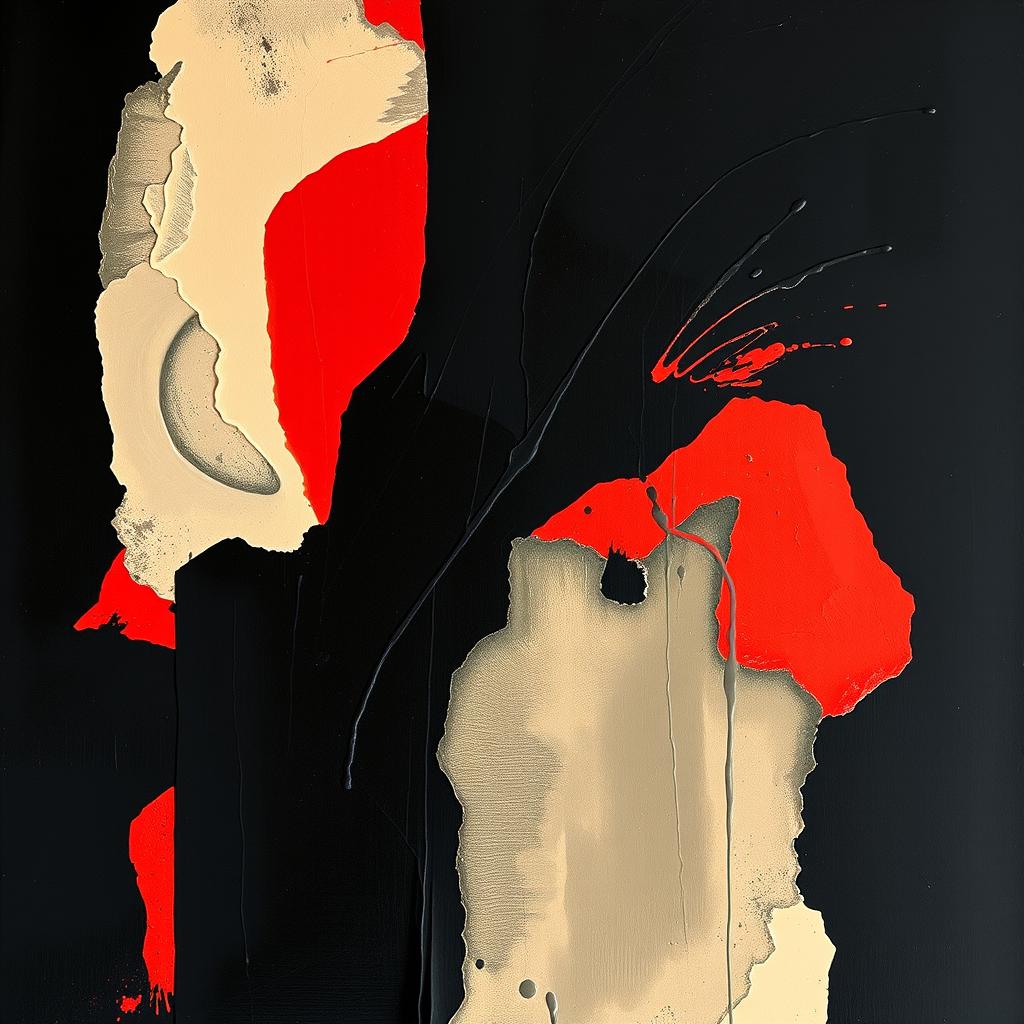 An artwork created with dark, rich black acrylic colors as the primary foundation, featuring overlapping layers of beige and vibrant red hues