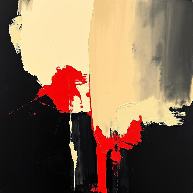 An artwork created with dark, rich black acrylic colors as the primary foundation, featuring overlapping layers of beige and vibrant red hues