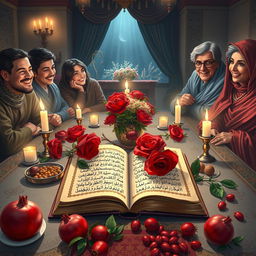 An enchanting scene depicting Yalda Night, a traditional Persian celebration honoring the winter solstice, with a beautifully decorated table featuring pomegranates, nuts, and candles