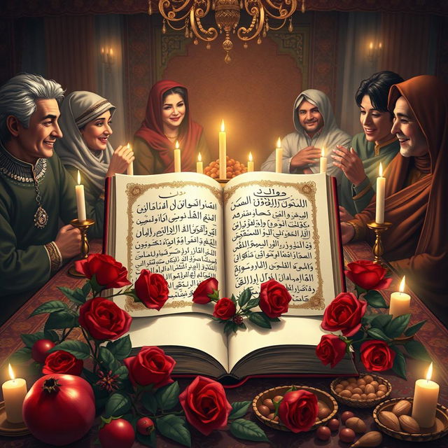 An enchanting scene depicting Yalda Night, a traditional Persian celebration honoring the winter solstice, with a beautifully decorated table featuring pomegranates, nuts, and candles