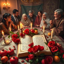 An enchanting scene depicting Yalda Night, a traditional Persian celebration honoring the winter solstice, with a beautifully decorated table featuring pomegranates, nuts, and candles