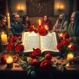 An enchanting scene depicting Yalda Night, a traditional Persian celebration honoring the winter solstice, with a beautifully decorated table featuring pomegranates, nuts, and candles