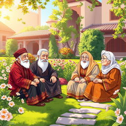 An anime-style illustration featuring a group of elderly Persian men and women sitting together in a serene garden