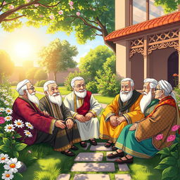 An anime-style illustration featuring a group of elderly Persian men and women sitting together in a serene garden