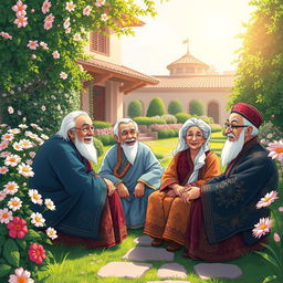 An anime-style illustration featuring a group of elderly Persian men and women sitting together in a serene garden