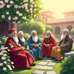 An anime-style illustration featuring a group of elderly Persian men and women sitting together in a serene garden