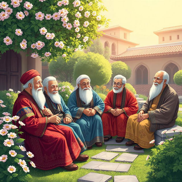 An anime-style illustration featuring a group of elderly Persian men and women sitting together in a serene garden