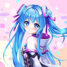A vibrant digital artwork showcasing a blue-haired anime girl with sparkling azure eyes