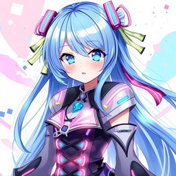 A vibrant digital artwork showcasing a blue-haired anime girl with sparkling azure eyes