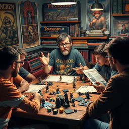 A nerdish Dungeon Master in a cozy tabletop gaming setting, wearing glasses and a fantasy-themed t-shirt, set amidst a cluttered table filled with dice, miniatures, and character sheets
