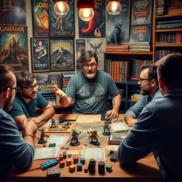 A nerdish Dungeon Master in a cozy tabletop gaming setting, wearing glasses and a fantasy-themed t-shirt, set amidst a cluttered table filled with dice, miniatures, and character sheets