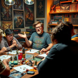 A nerdish Dungeon Master in a cozy tabletop gaming setting, wearing glasses and a fantasy-themed t-shirt, set amidst a cluttered table filled with dice, miniatures, and character sheets