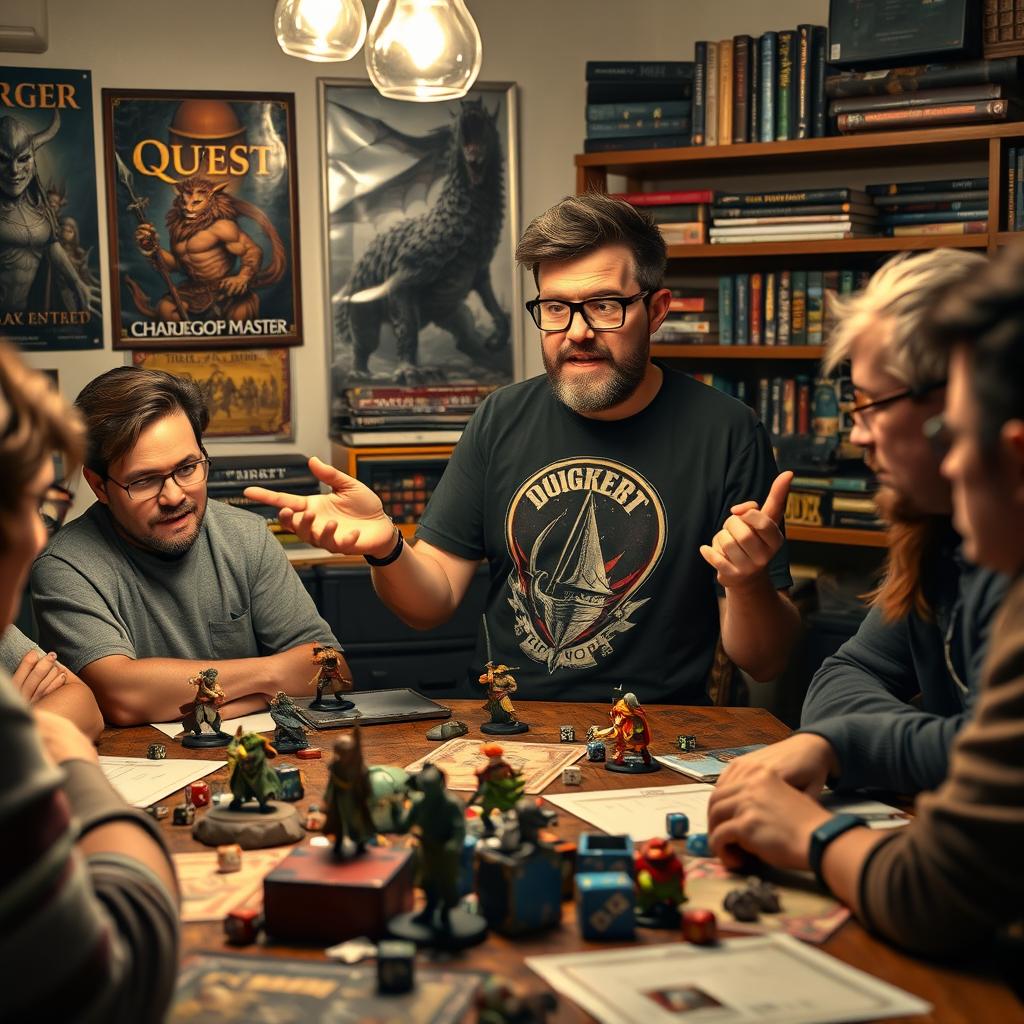 A nerdish Dungeon Master in a cozy tabletop gaming setting, wearing glasses and a fantasy-themed t-shirt, set amidst a cluttered table filled with dice, miniatures, and character sheets