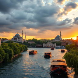 A picturesque view of a serene river flowing through Istanbul, showcasing iconic landmarks such as the Hagia Sophia and the Blue Mosque in the background