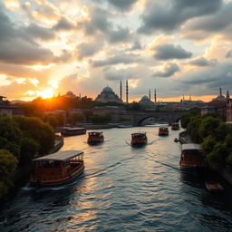 A picturesque view of a serene river flowing through Istanbul, showcasing iconic landmarks such as the Hagia Sophia and the Blue Mosque in the background
