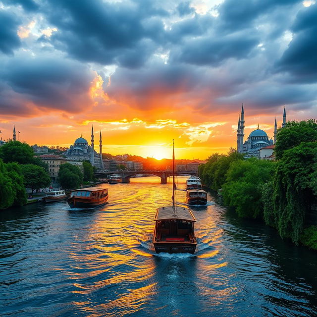 A picturesque view of a serene river flowing through Istanbul, showcasing iconic landmarks such as the Hagia Sophia and the Blue Mosque in the background