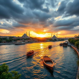 A picturesque view of a serene river flowing through Istanbul, showcasing iconic landmarks such as the Hagia Sophia and the Blue Mosque in the background
