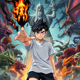 A cover illustration for a light novel featuring a young man at the center with spiky black hair partially ignited with black flames