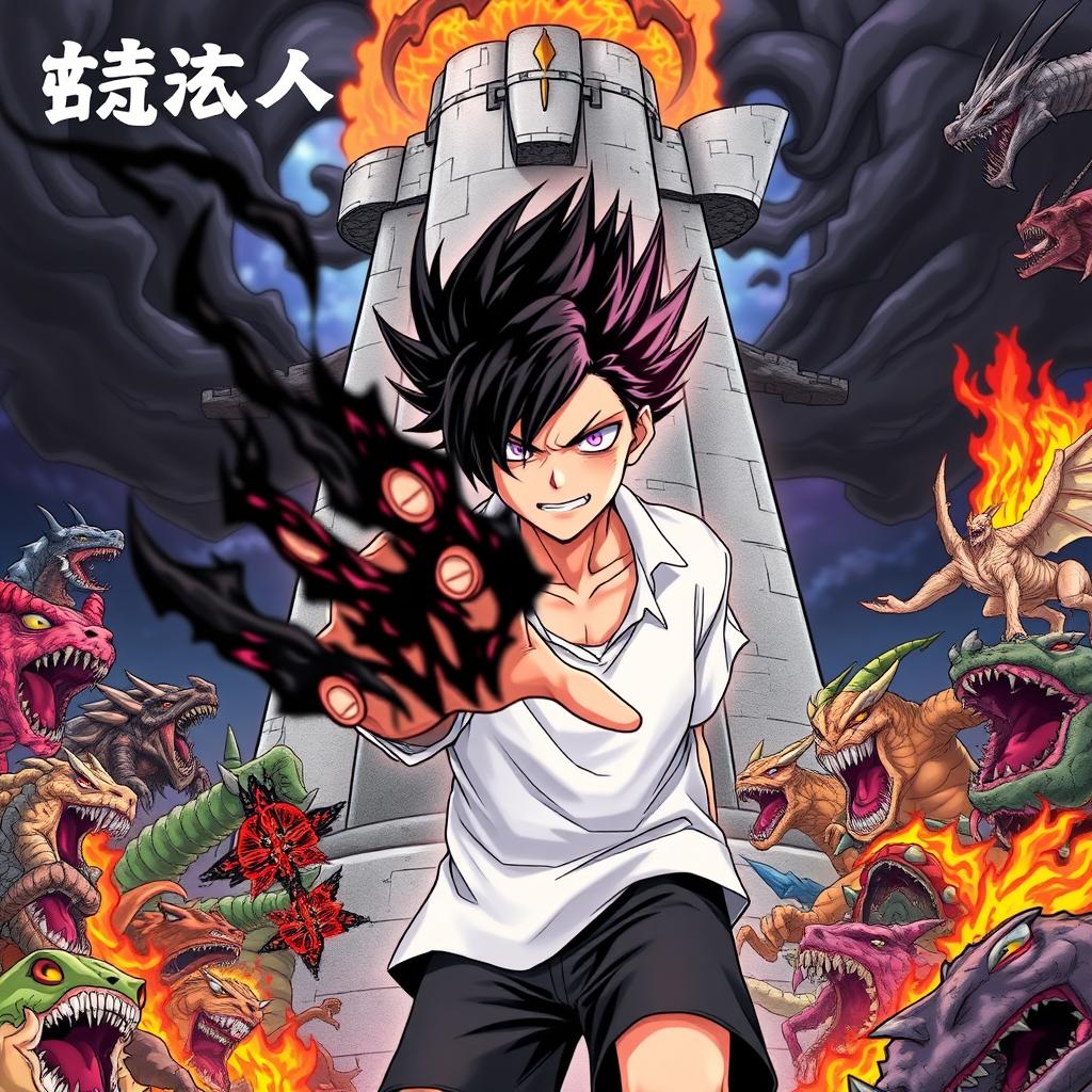 A cover illustration for a light novel featuring a young man at the center with spiky black hair partially ignited with black flames