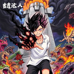 A cover illustration for a light novel featuring a young man at the center with spiky black hair partially ignited with black flames