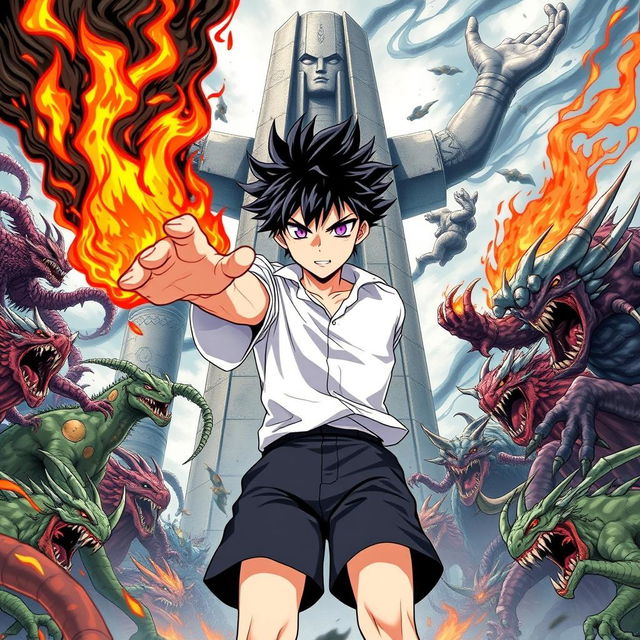 A cover illustration for a light novel featuring a young man at the center with spiky black hair partially ignited with black flames