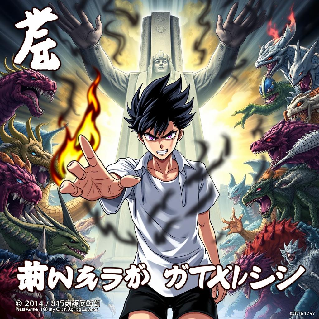 A cover illustration for a light novel featuring a young man at the center with spiky black hair partially ignited with black flames