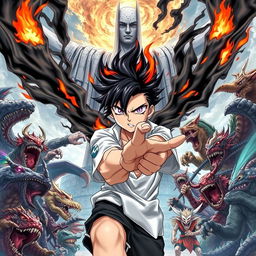 A cover illustration for a light novel featuring a young man at the center with spiky black hair partially ignited with black flames