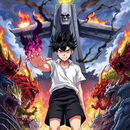 A cover illustration for a light novel featuring a young man at the center with spiky black hair partially ignited with black flames