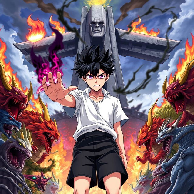 A cover illustration for a light novel featuring a young man at the center with spiky black hair partially ignited with black flames