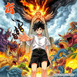 A cover illustration for a light novel featuring a young man at the center with spiky black hair partially ignited with black flames