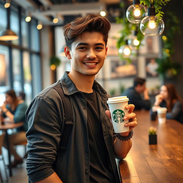 A young man casually holding a Starbucks coffee cup, dressed in a stylish outfit that includes a wristwatch