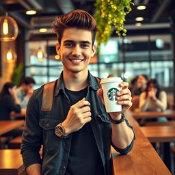 A young man casually holding a Starbucks coffee cup, dressed in a stylish outfit that includes a wristwatch
