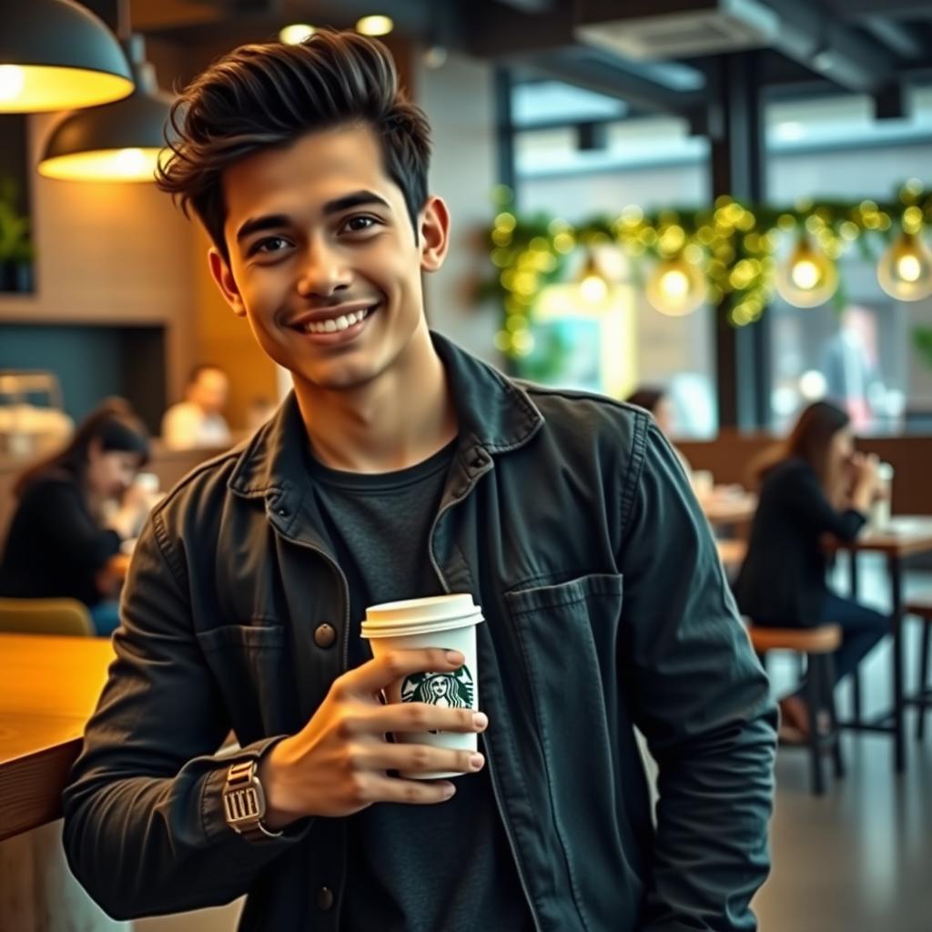 A young man casually holding a Starbucks coffee cup, dressed in a stylish outfit that includes a wristwatch