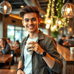 A young man casually holding a Starbucks coffee cup, dressed in a stylish outfit that includes a wristwatch