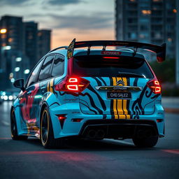 An intricately modified Citroën Xsara Picasso viewed from behind, emphasizing its extensive customizations