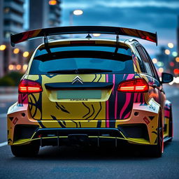 An intricately modified Citroën Xsara Picasso viewed from behind, emphasizing its extensive customizations