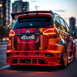 An intricately modified Citroën Xsara Picasso viewed from behind, emphasizing its extensive customizations