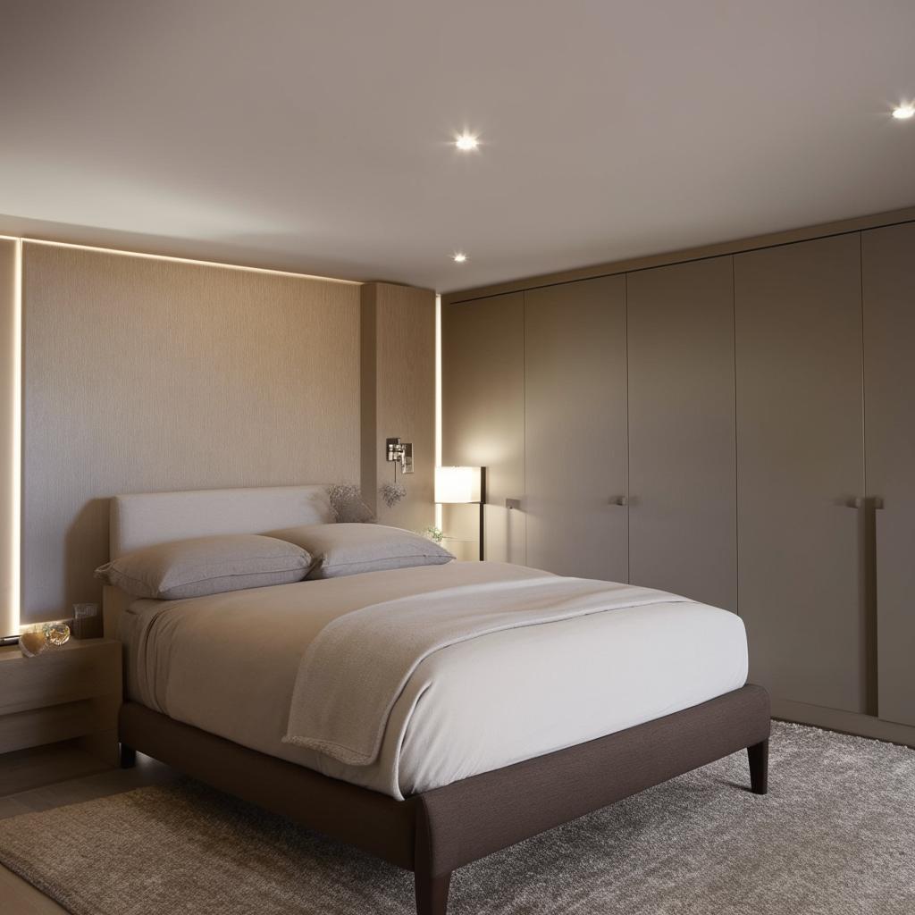 A modern and cozy bedroom with neutral color tones, combining style and comfort. The room features a king sized bed, a stylish side table, and simple lighting to maintain a serene atmosphere.