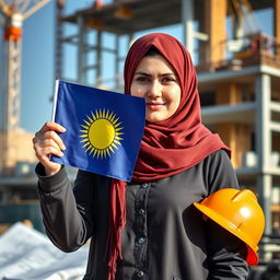 A young Kurdish female civil engineer wearing a traditional hijab, proudly holding the Kurdish flag in her hand