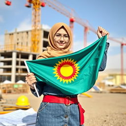 A young Kurdish female civil engineer wearing a traditional hijab, proudly holding the Kurdish flag in her hand