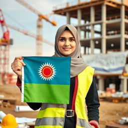 A young Kurdish female civil engineer wearing a traditional hijab, proudly holding the Kurdish flag in her hand