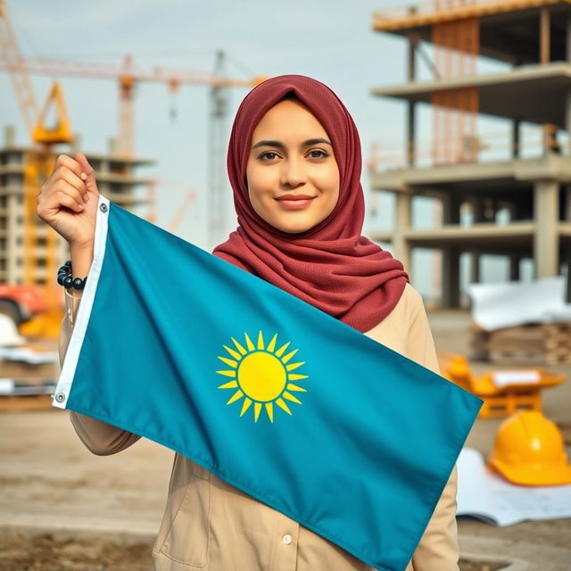 A young Kurdish female civil engineer wearing a traditional hijab, proudly holding the Kurdish flag in her hand