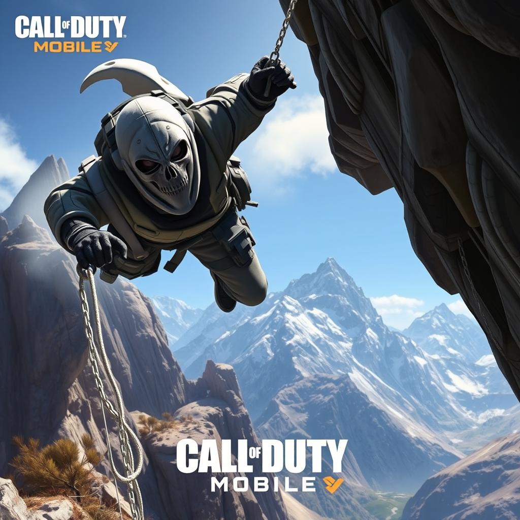 A dynamic action scene depicting Ghost, a character from Call of Duty Mobile, plummeting from a steep mountain