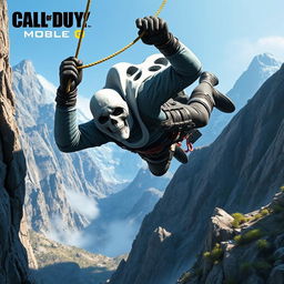 A dynamic action scene depicting Ghost, a character from Call of Duty Mobile, plummeting from a steep mountain